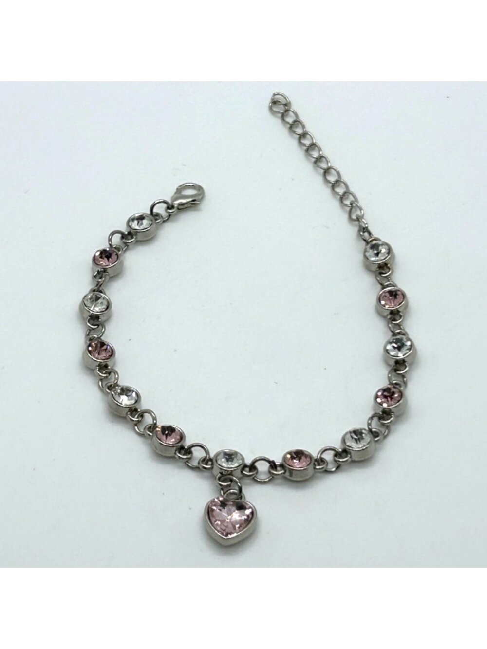 Modernist Pink White Rhinestone Silver Tone Heart Charm Bracelet Link Adjustable